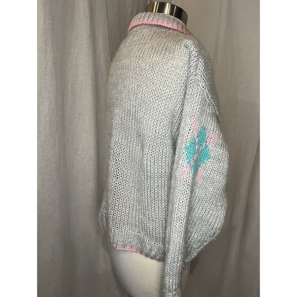 EVIAN II Knitted by Hand Women's Sweater Size M Long Sleeve Collar Grey/Pink - Picture 6 of 13